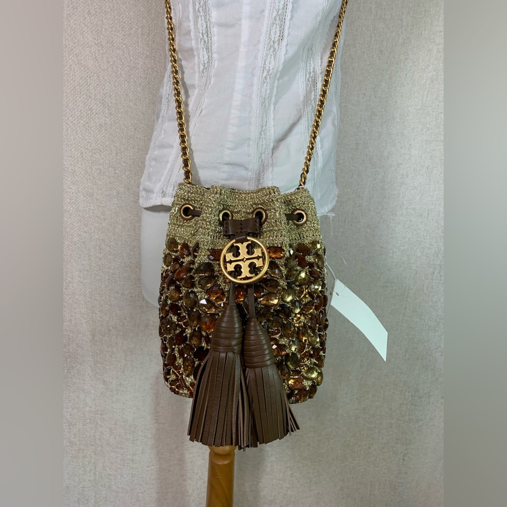 NEW Tory Burch Soft Fleming Gold Crochet Jewel Mini Bucket Tote/Crossbody Bag - Picture 15 of 16